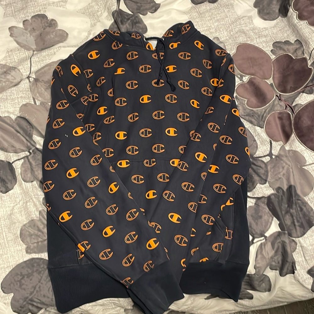Champion Navy and Orange Logo Hoodie